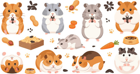 Obraz premium Cute Hamster Cartoon Collection with Eating Sitting and Running Poses, Adorable Pet Rodent Vector Illustration Set with Seeds Nuts and Food Bowl