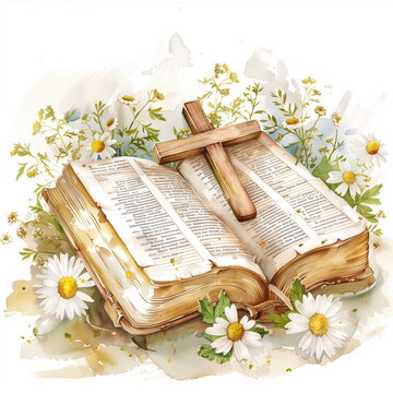 Bible and flowers, green leaves. Watercolor illustration for first communion, baptism, wedding greeting cards, invitation
