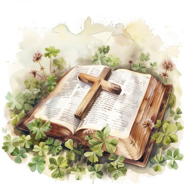 Bible and flowers, green leaves. Watercolor illustration for first communion, baptism, wedding greeting cards, invitation
