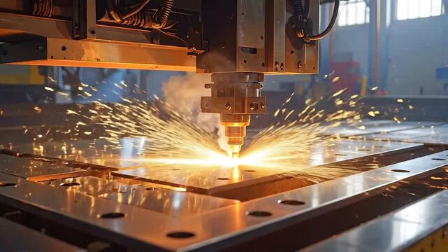 Industrial laser cutting machine in action, creating sparks and precision cuts on l sheet.