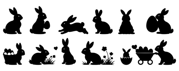 Obraz premium Black silhouettes of Easter bunnies isolated on transparent background. Rabbit silhouette set running, sitting, jumping, standing vector
