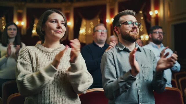A group of people are clapping in a theater with ornate decorations on the walls and ceiling