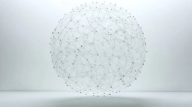 Spherical network of interconnected lines and points against a plain white background