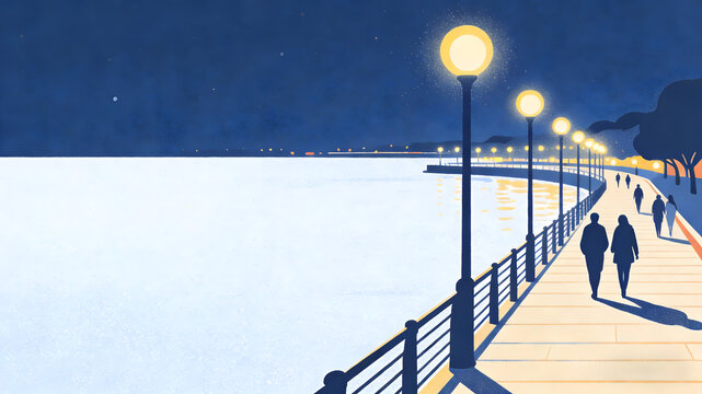 Night waterfront promenade with glowing street lamps and walking silhouettes
