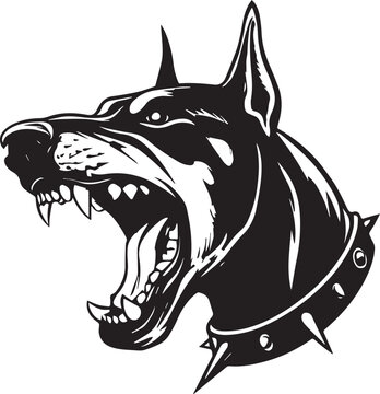 Roaring Doberman Dog Head Aggressive Guard Dog Mascot Black and White Vector Illustration