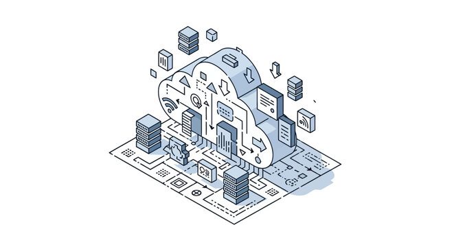Conceptual illustration depicting cloud computing and data infrastructure with digital elements