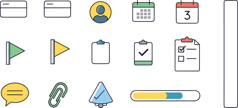 User interface elements icon set with calendar, profile avatar, clipboard checklist, progress bar, attachment clip, notification bell and chat message symbols