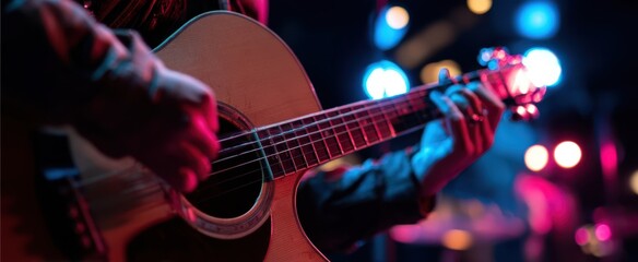 Obraz premium The Guitar in Colorful Stage Lighting During an Intimate Live Performance