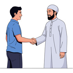 Fototapeta premium Two men shake hands in a friendly greeting outdoors today