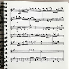 Fototapeta premium Sheet music in spiral bound book black and white musical notes