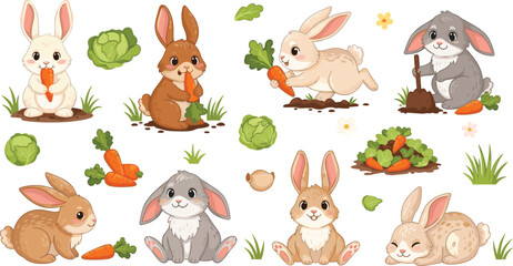Fototapeta premium Cute Rabbit Cartoon Vector Set with Different Bunny Characters Eating Carrots Sitting Running and Playing with Garden Vegetables and Nature Elements