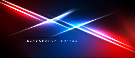 Obraz premium Abstract neon lines intersect dark background. Vibrant red, blue hues create dynamic visual effect. Minimalist design, modern aesthetic.