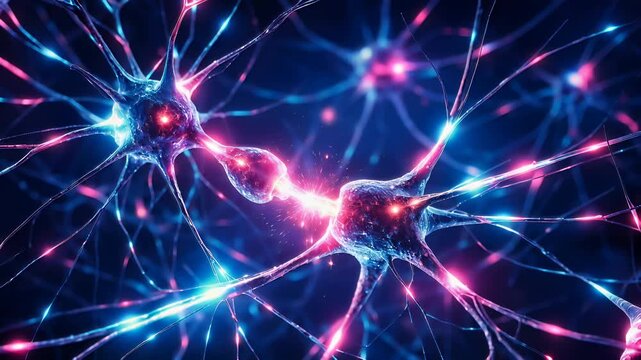 Glowing neurons transmitting electrical impulses in the human brain. Futuristic neural network visualization representing AI, neuroscience, cognition, and digital data flow.