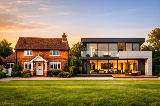 Traditional brick cottage next to modern glass extension at sunset