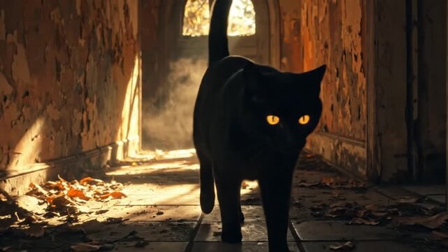 A black cat with glowing eyes walks towards the camera in a dimly lit, decaying hallway.