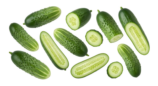 Cucumbers vegetables floating, isolated on white or transparent background. PNG