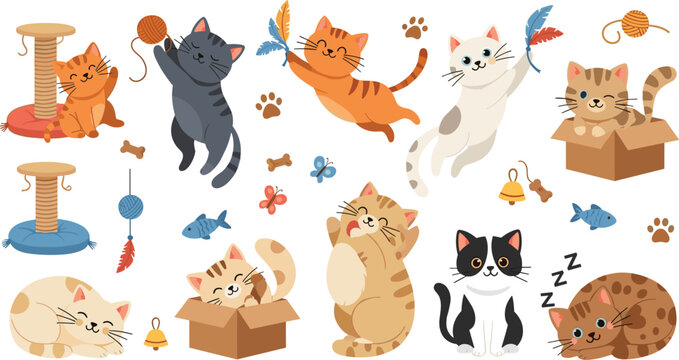 Cute Cartoon Cat Vector Set with Playful Kittens Jumping Sleeping and Playing with Toys Boxes Fish and Pet Accessories