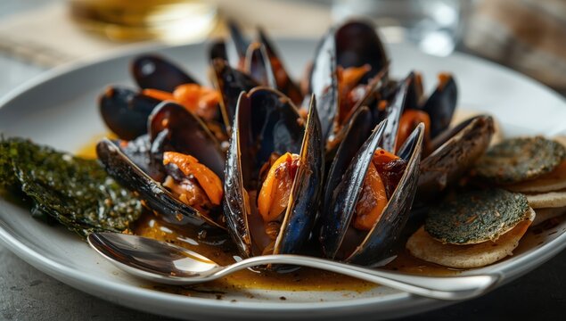 Marinated mussels with seaweed snacks