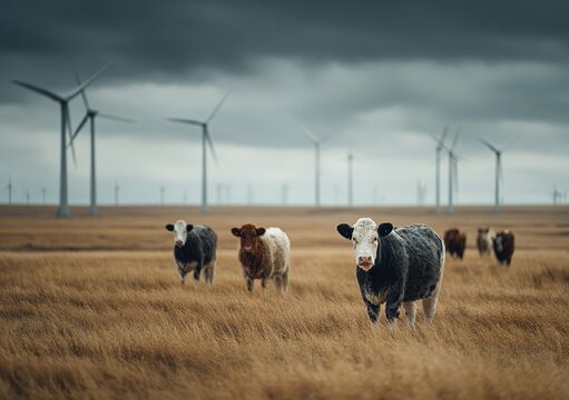 Black and white cattle graze in a golden grass pasture with wind turbines under an overcast sky. Ideal for sustainable agriculture, renewable energy,and environmental conservation projects.