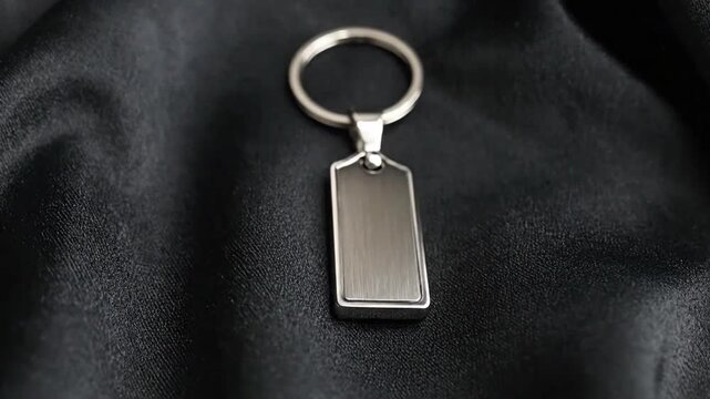 Close-up shot of a blank l keychain on a black satin background, perfect for branding.