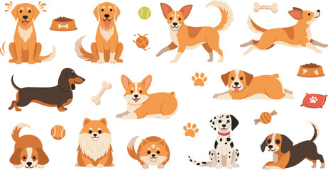 Cute Dog Cartoon Vector Set with Different Puppy Breeds Playing Sitting Running and Happy Pet Characters with Bone Paw Print and Food Bowl Elements