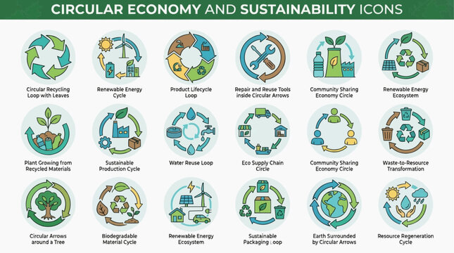 Comprehensive vector icon set illustrating circular economy and sustainability principles for environmental initiatives and modern business models, promoting a responsible future