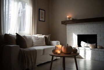 Naklejka premium A cozy living room scene with autumn decor and warm lighting.