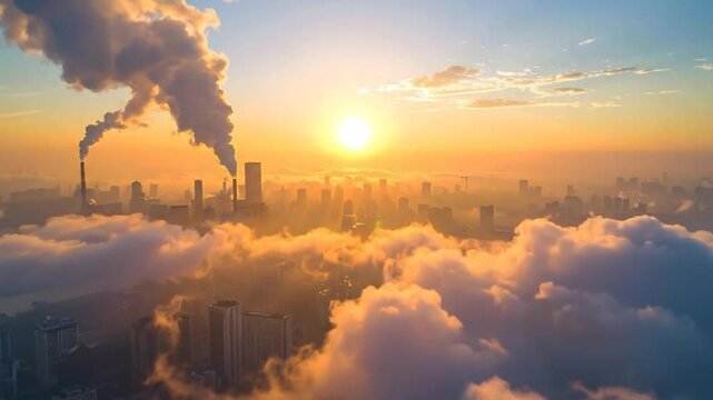 Aerial view of a city shrouded in clouds with industrial smokestacks emitting pollution during a vibrant sunrise.