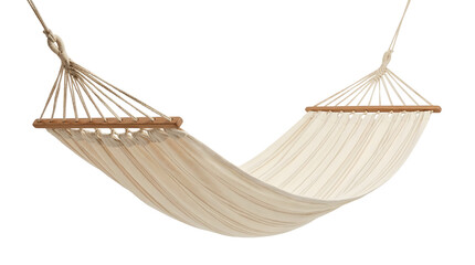 Cream-Striped Hammock with Wooden Spreader Bars Hanging on White Background &mdash; Serene, Inviting, Relaxing &mdash; Perfect for Wellness, Home Decor, Travel Retreats, or Sustainable Lifestyle Branding. Evokes 