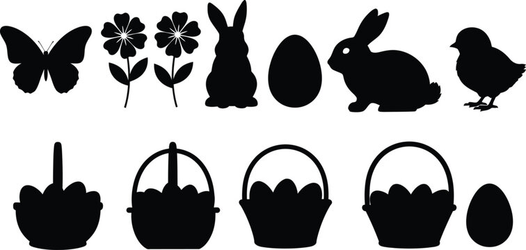 Easter themed silhouette graphics with bunnies eggs baskets butterfly and flowers