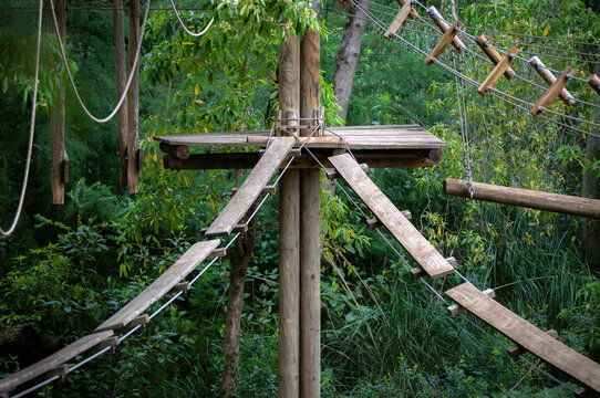 Tree top adventure course with wooden planks and ropes in a forest setting for climbing and exploring near the ground