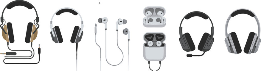 Modern Headphones and Earbuds Vector Set with Wired and Wireless Audio Devices Isolated on White Background for Music, Technology, Communication, and Lifestyle Design