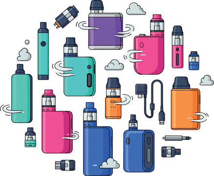 Colorful vape devices and e-cigarette mods collection with cartridges, pods and bottles, modern electronic smoking gadget illustration set