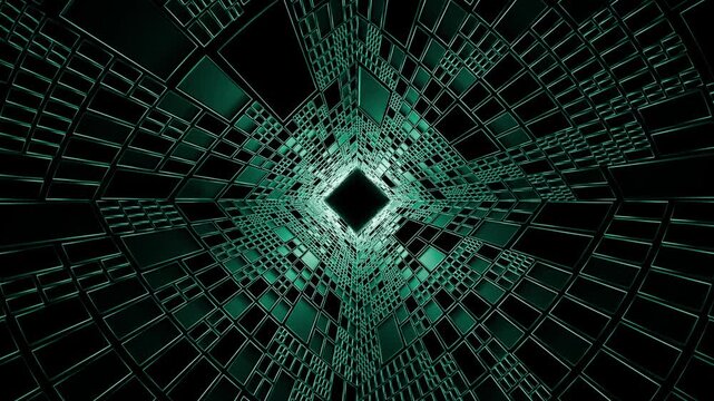 Looped animation of flying through abstract green geometric tunnel formed by rectangular patterns. Abstract background with dark square corridor in science fiction style. Seamless VJ loop , 4K 60fps