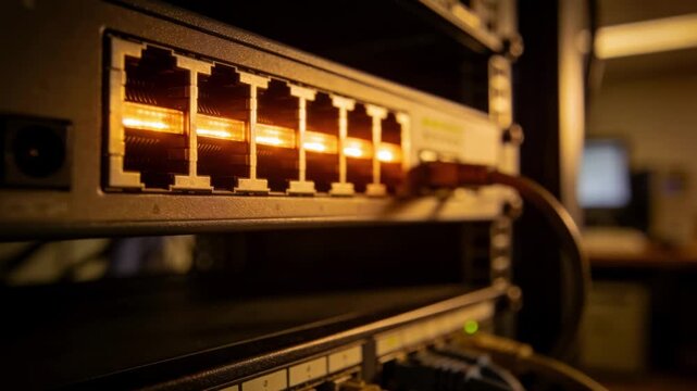 Focused view on a switchs glowing ports in a telecom rack back rows and other equipment out of focus emphasizing maintenance operations.