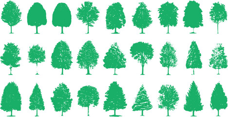 Collection of green tree silhouettes in various shapes and sizes on a white background. Diverse deciduous and coniferous tree forms are displayed in a grid layout © Pixel Park