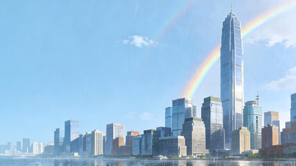 Naklejka premium Modern city skyline with rainbow and rain on clear blue sky