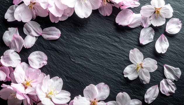 Delicate Cherry Blossom Petals on Dark Slate Background Arrangement