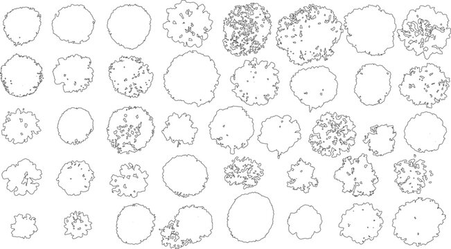 Collection of black and white line of various tree canopies viewed from above canopy aerial outline