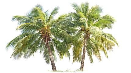 Obraz premium Two Lush Green Coconut Palm Trees Swaying Gently in the Tropical Breeze.