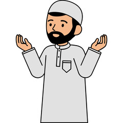 A man wearing a traditional outfit and cap is gesturing with his hands in a questioning manner indoors.