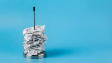 Minimalist stainless steel receipt spike overflowing with white paper receipts on a solid blue background, featuring ample copy space for finance, business, and accounting concepts.