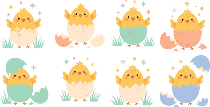 Cute baby chicks hatching from eggs cartoon chicken characters spring farm animals vector illustration set