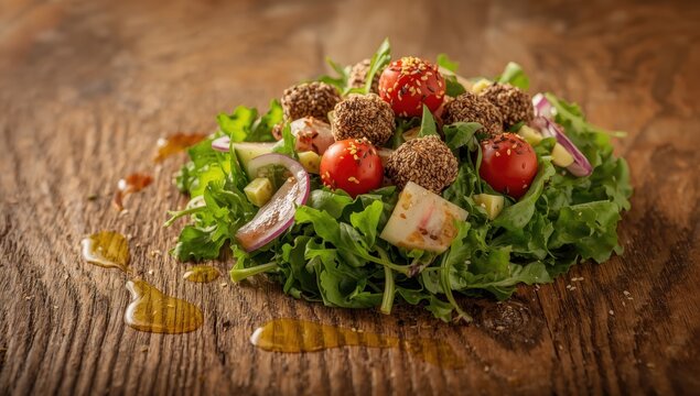 Ovo-vegetarian salad with sesame and chia seed bites, shallow focus