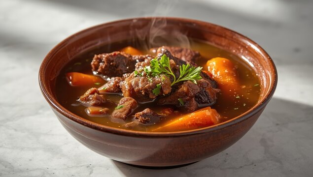 Oxtail broth garnished with parsley on a marble surface