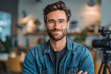 Obraz premium Confident Content Creator Smiling in Studio - Modern Professional Portrait