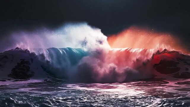 Abstract artwork of colorful ocean waves crashing against a dark background, vibrant and dynamic.