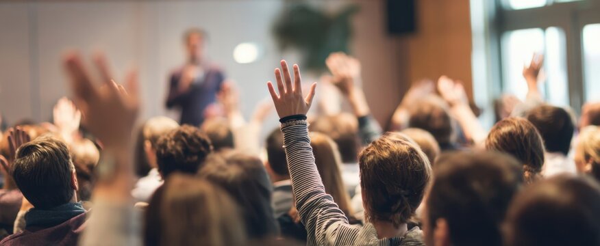 The audience raising hands during an interactive seminar in a modern conference room