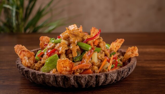 Peanut sauce and shrimp crisp with Indonesian stir-fried veggies
