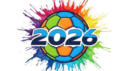 Fototapeta premium Vibrant 2026 graphic design with soccer ball and rainbow colors